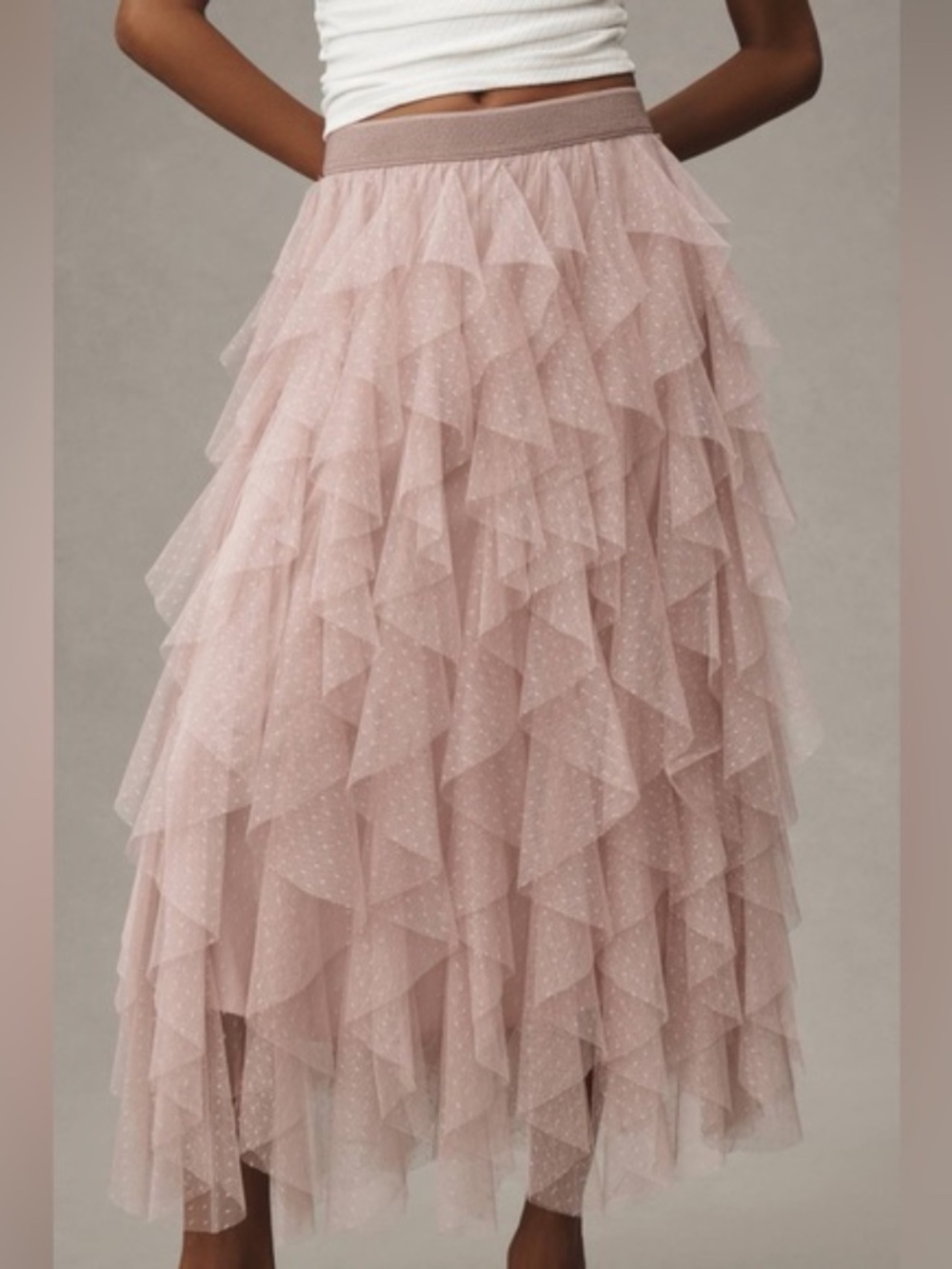 Dreamy Blush Swiss Dot Layered Tulle Midi Skirt Balletcore Romantic Princess - Picture 1 of 5